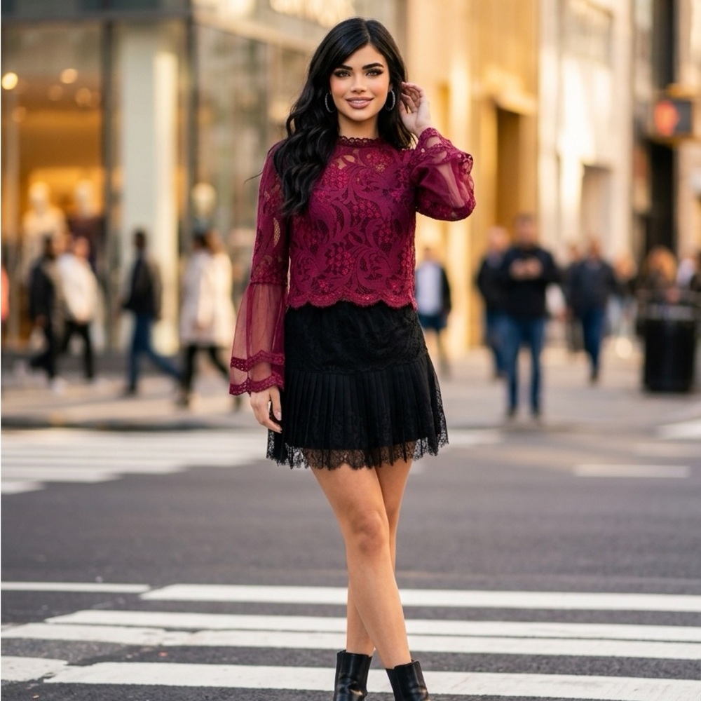 Black Lace Mini Skirt with Pleated Hem